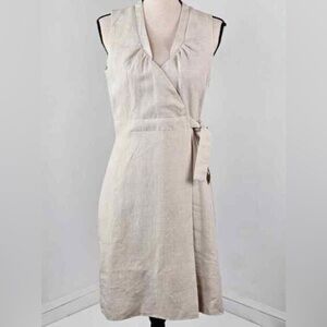 J CREW Sz 6 Dress Natural Ivory Bone Linen Sleeveless Faux Wrap V-Neck Lined